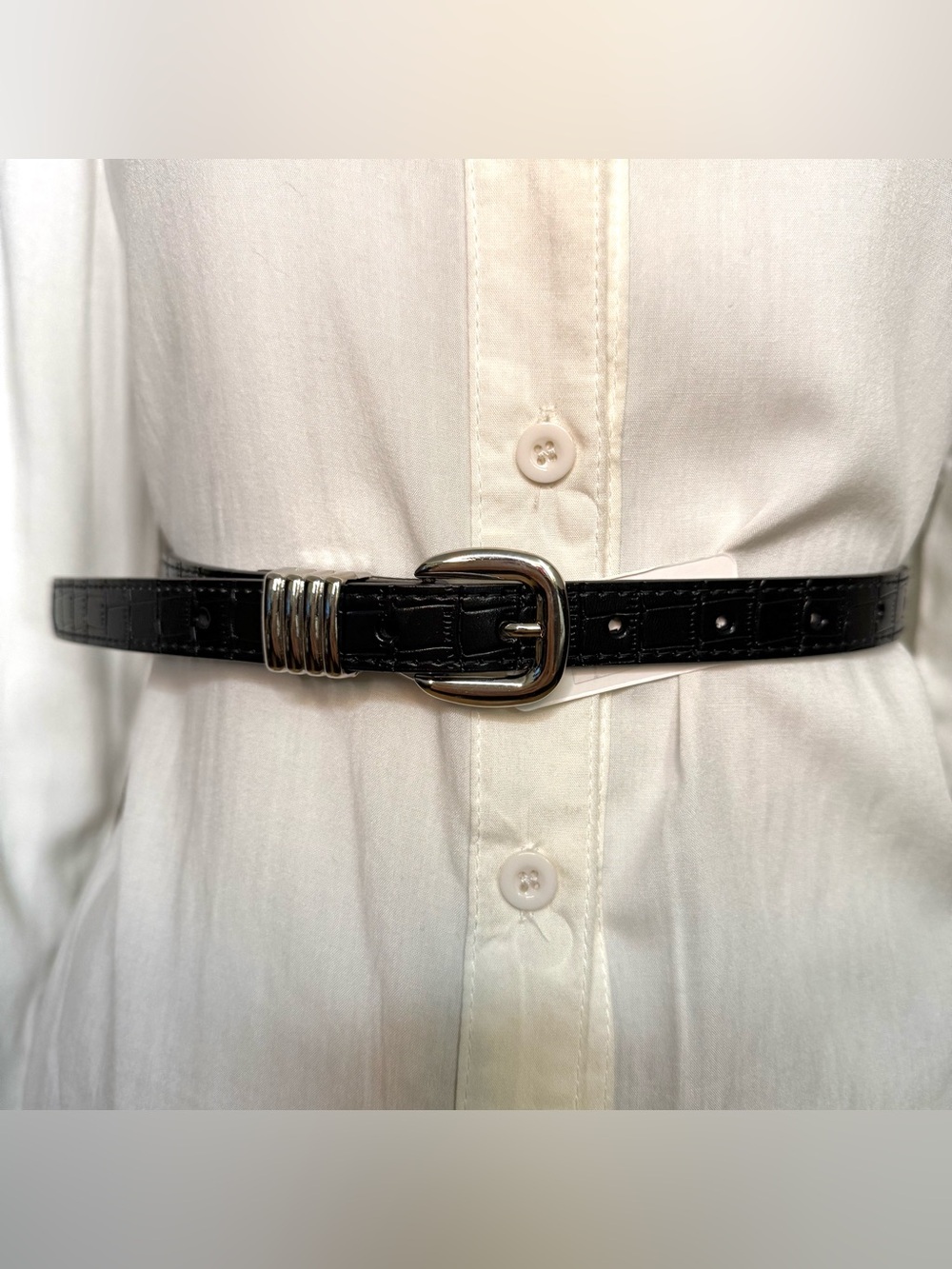 Black croc embossed PU leather skinny belt with silver tone buckle